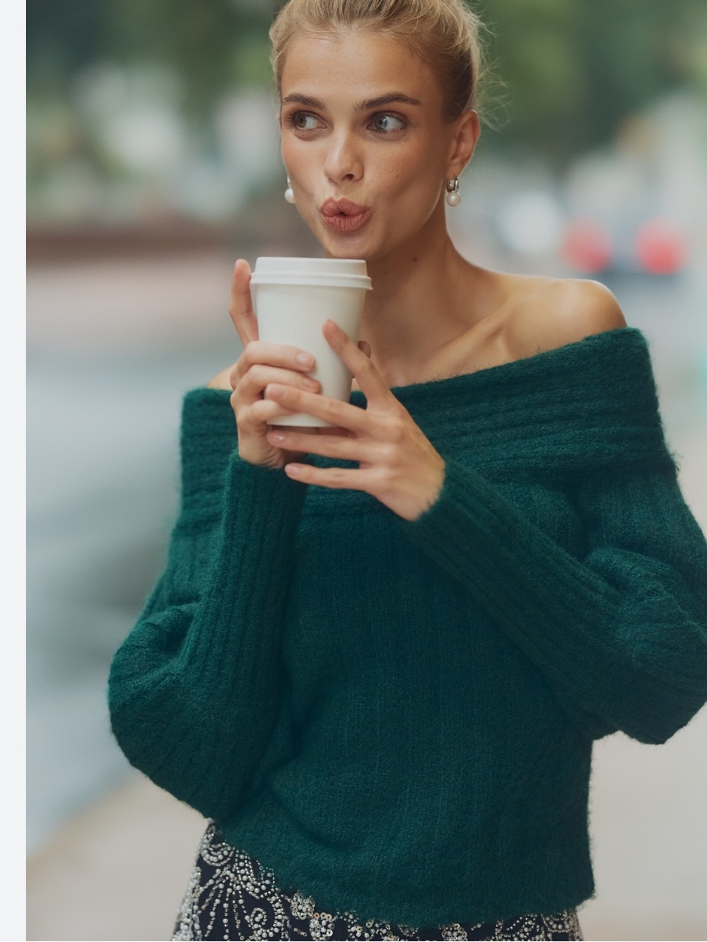 Pilcro Off-the-Shoulder Sweater - Teal Green